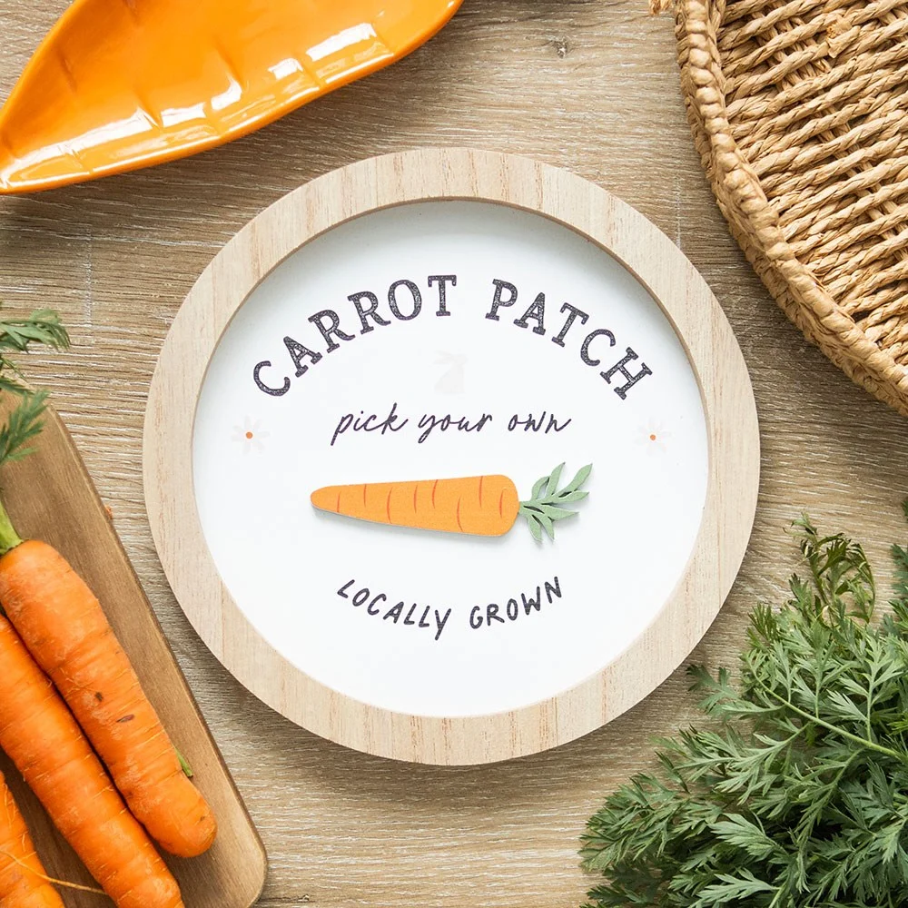 Round 3D wall plaque featuring a bunny and carrots with a welcoming garden theme for home decor.