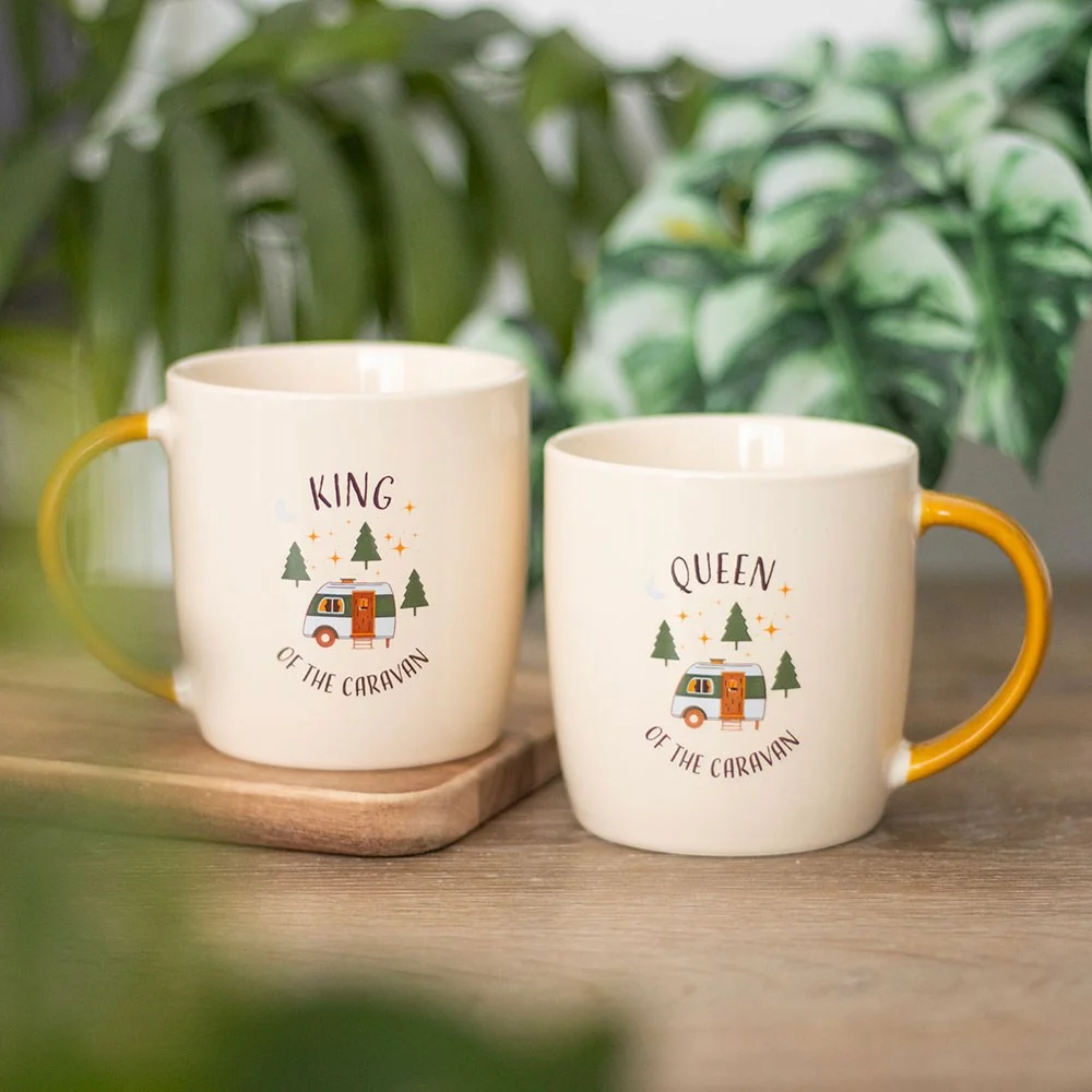 Couples camping mugs set with Caravan King and Caravan Queen text and caravan scene, 400ml capacity, white ceramic cups