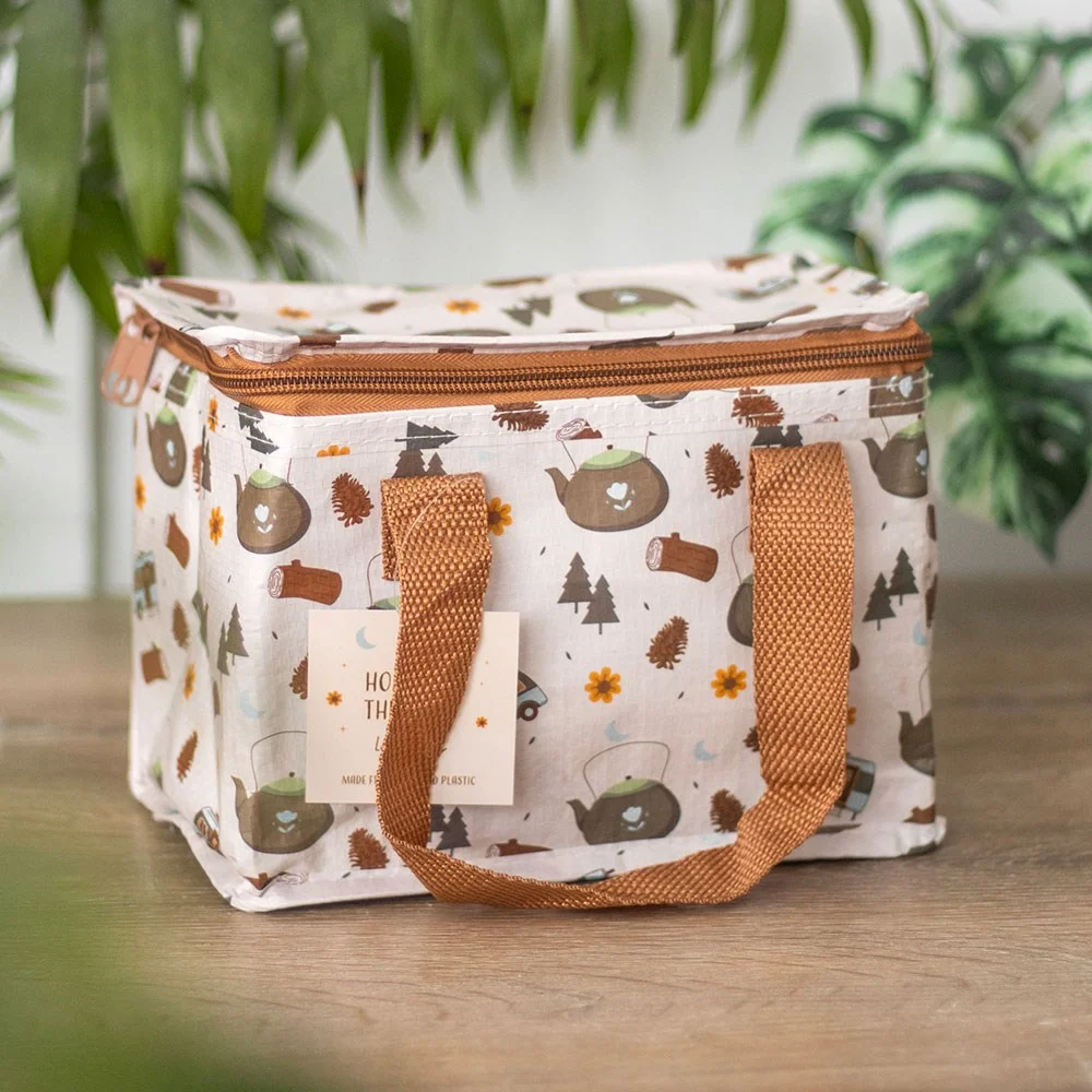 Insulated lunch bag with colorful camping print made from recycled plastic, designed for outdoor food storage and easy cleaning