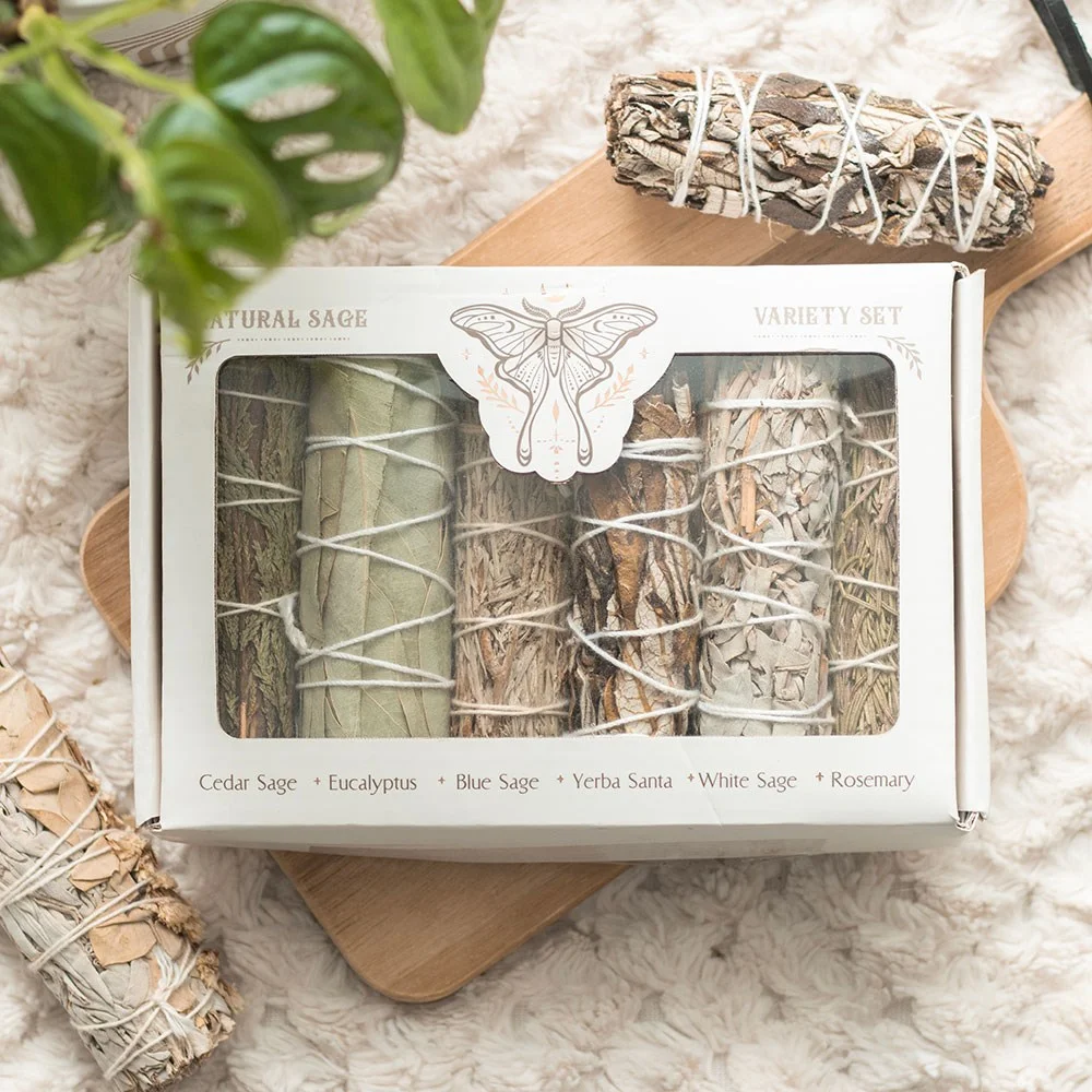 Sage smudge stick set with multiple bundled sage sticks arranged on a white background