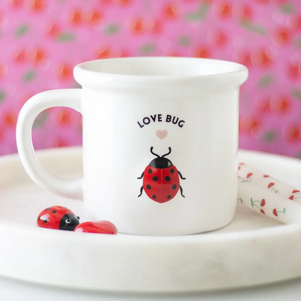 White ceramic love bug mug with a 3D red and black ladybird on the side, 360ml capacity, handwash only