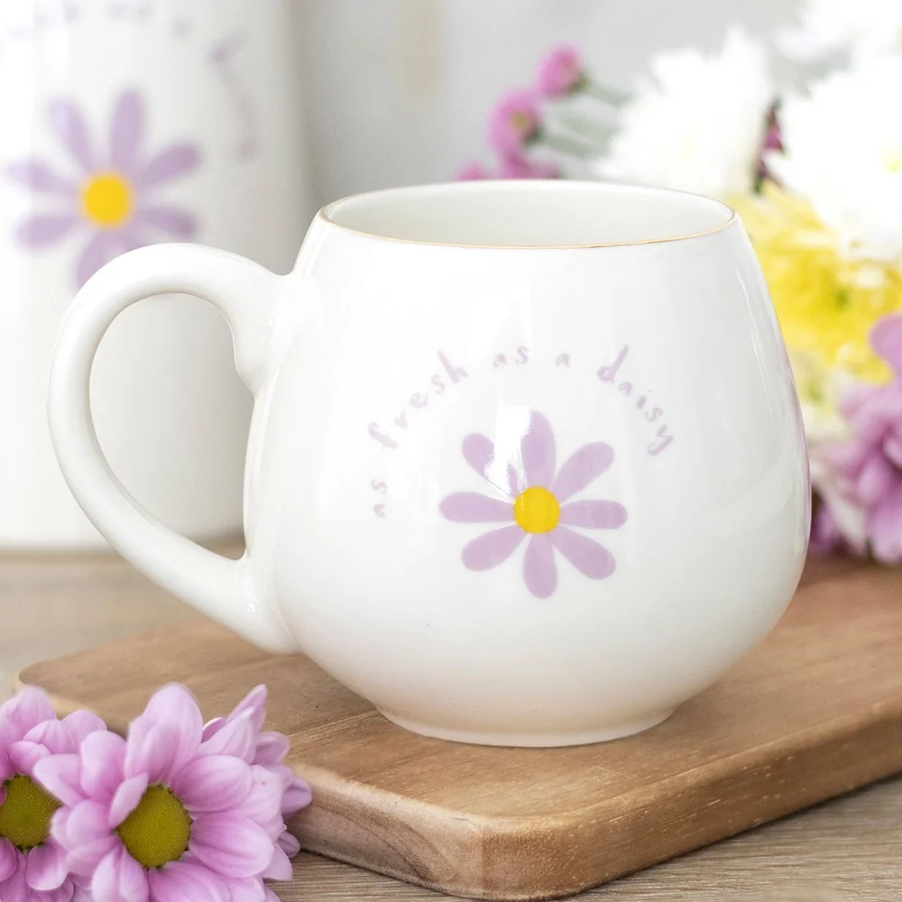 White rounded mug with "As fresh as a daisy" text and floral design, 500ml fresh as a daisy mug