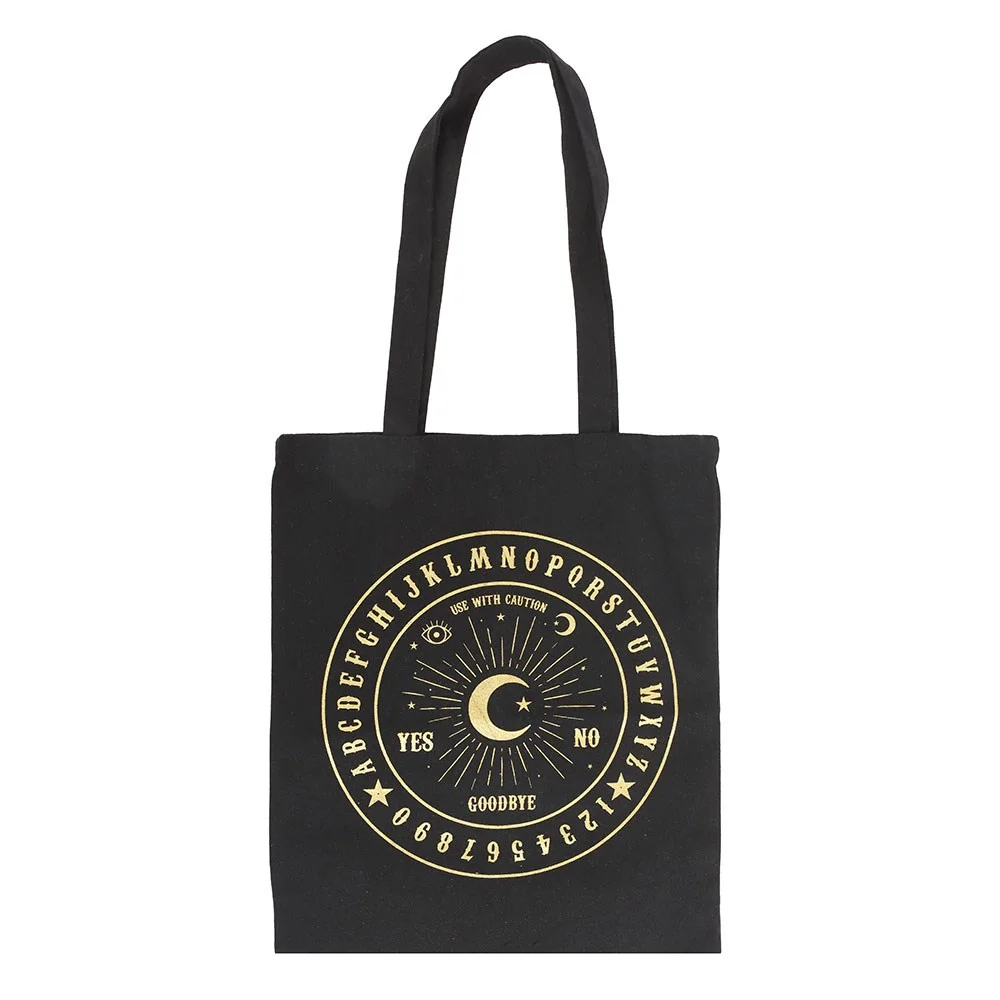 Black polycotton tote bag with gold round talking board design, made from 95% polyester and 5% cotton fabric