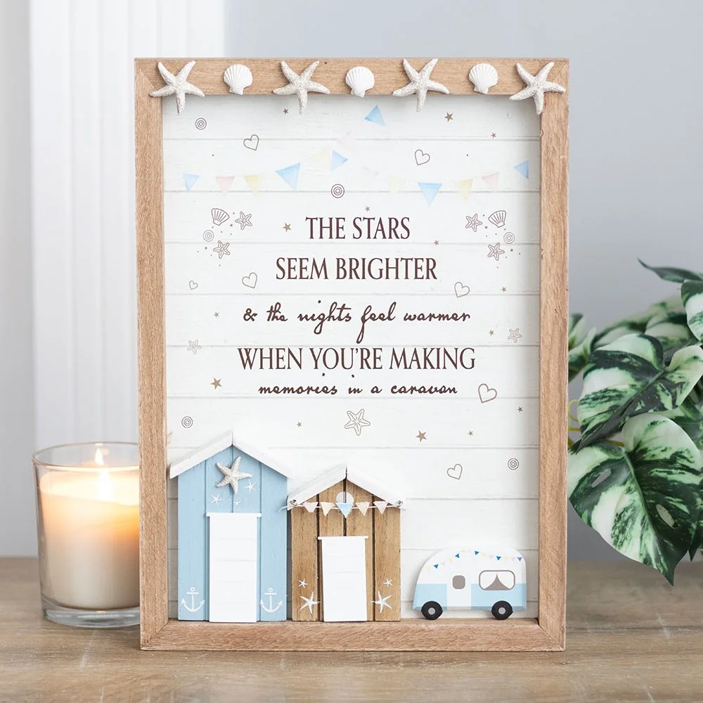 Caravan wall plaque with 3D miniature caravan, beach huts, starfish, and nostalgic seaside text in pastel colors