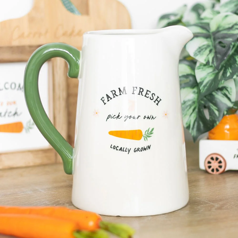 Farm Fresh ceramic flower jug with bunny and carrot design, rustic style, 1100ml capacity, white background