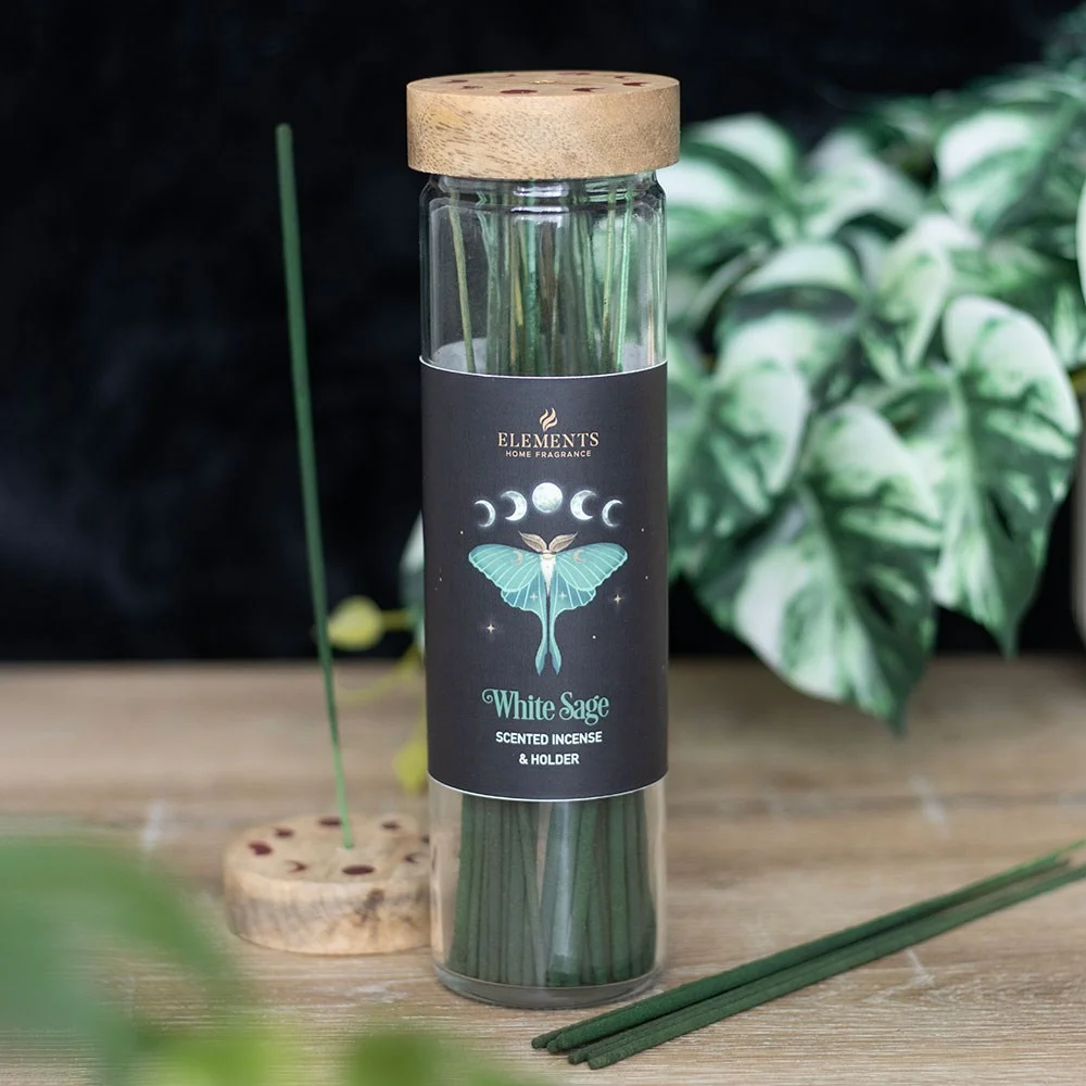 Dark Forest white sage incense sticks with luna moth and moon phase design, wooden lid doubles as incense holder, 20 sticks in tube