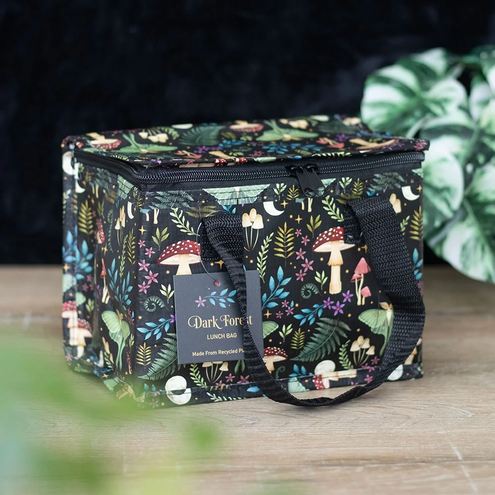 Recycled lunch bag featuring a dark forest print, insulated interior, and sleek, portable design.