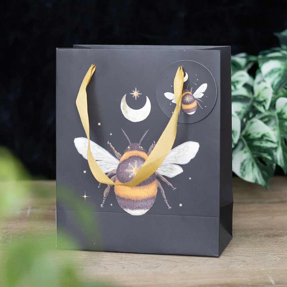 Medium gift bag with mystical forest bee and crescent moon design, 23cm tall, decorative and magical style
