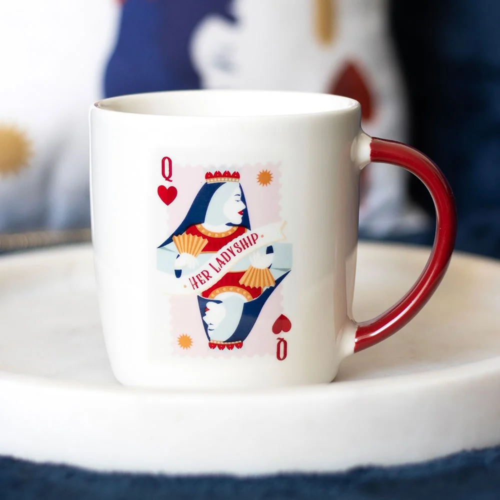 White playing card mug with red handle featuring a queen card design and "Her Ladyship" text, 350ml capacity