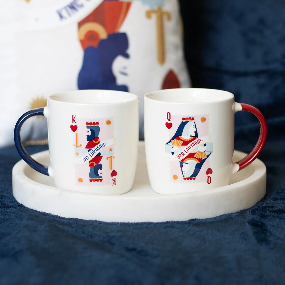 White couples mug set with red and navy handles, featuring king and queen playing card designs, 350ml each.
