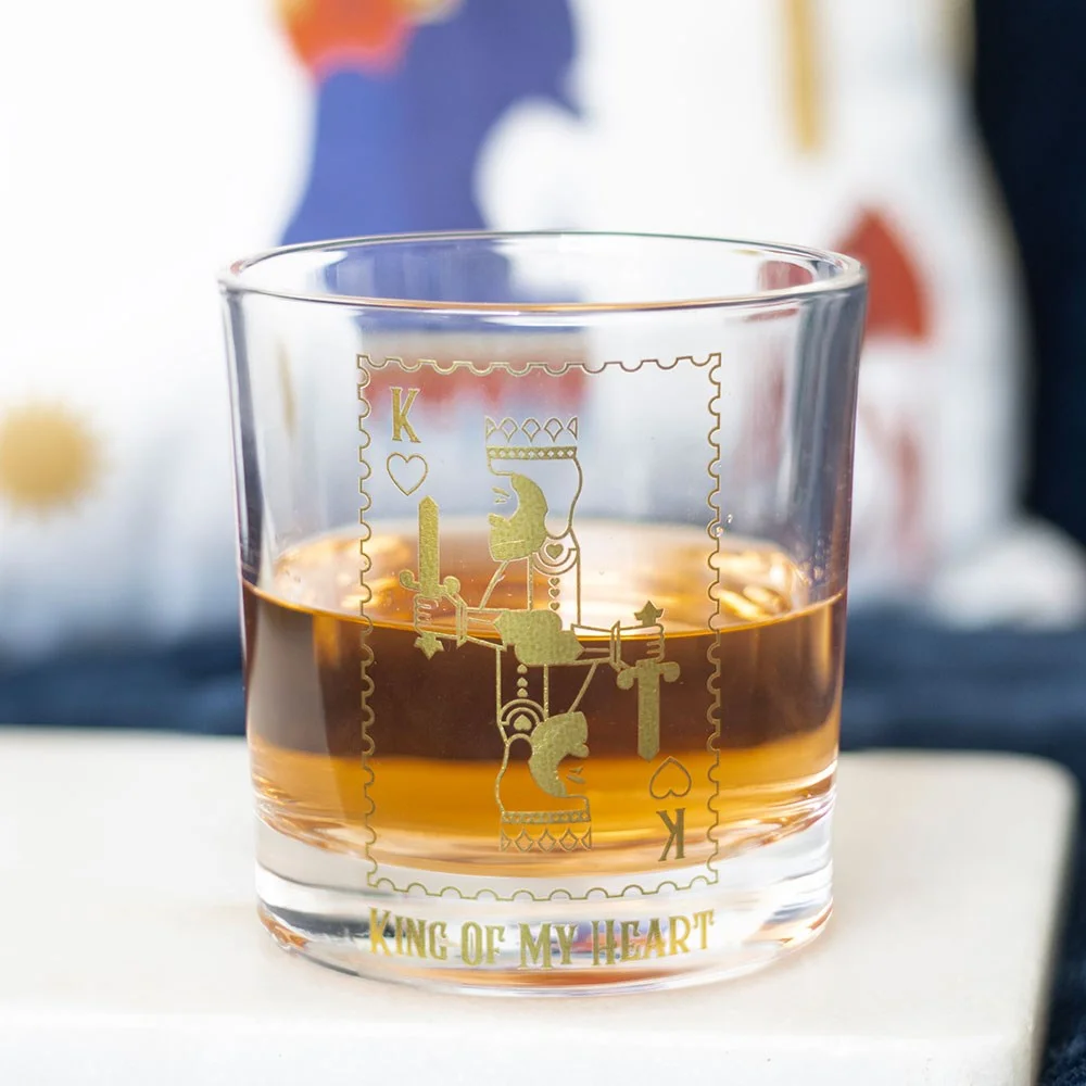 Clear 300ml drinking glass with gold king playing card design and "King of my heart" text, hand wash only king of my heart glass