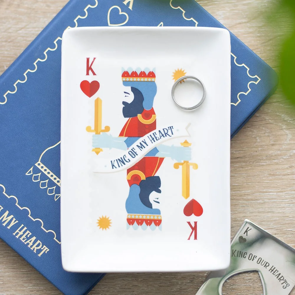 White ceramic king of my heart dish with a king playing card design and text, ideal for jewellery or keys storage
