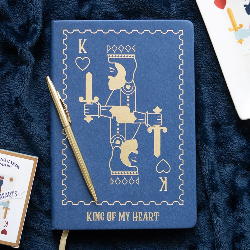 Blue A5 king of my heart notebook with gold king playing card design and lined pages, ideal for writing and gifting