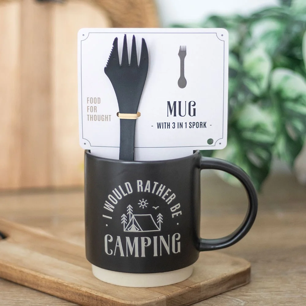 Ceramic camping mug with "I Would Rather Be Camping" text and a 3-in-1 spork, 500ml capacity, white background