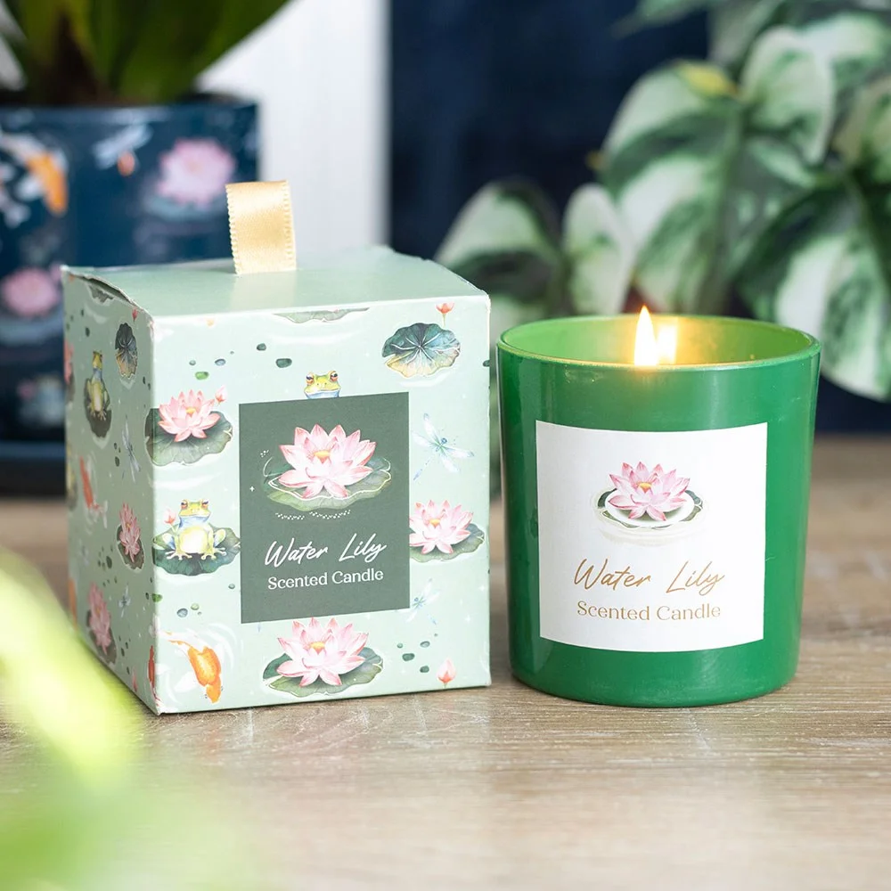 Green glass water lily candle in a matching box decorated with lily pads, frogs, dragonflies, and koi fish designs