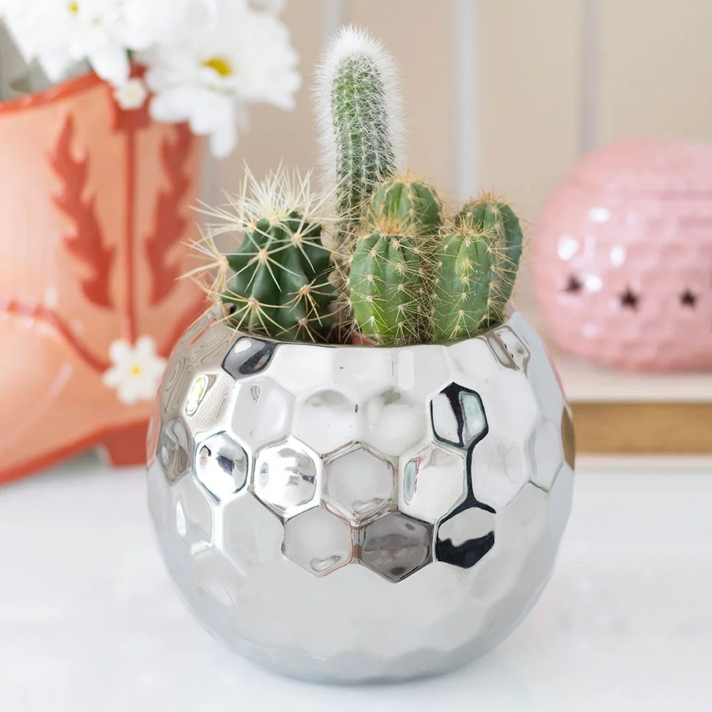 Silver disco ball vase with reflective ceramic surface holding a bouquet of colorful flowers on a white background