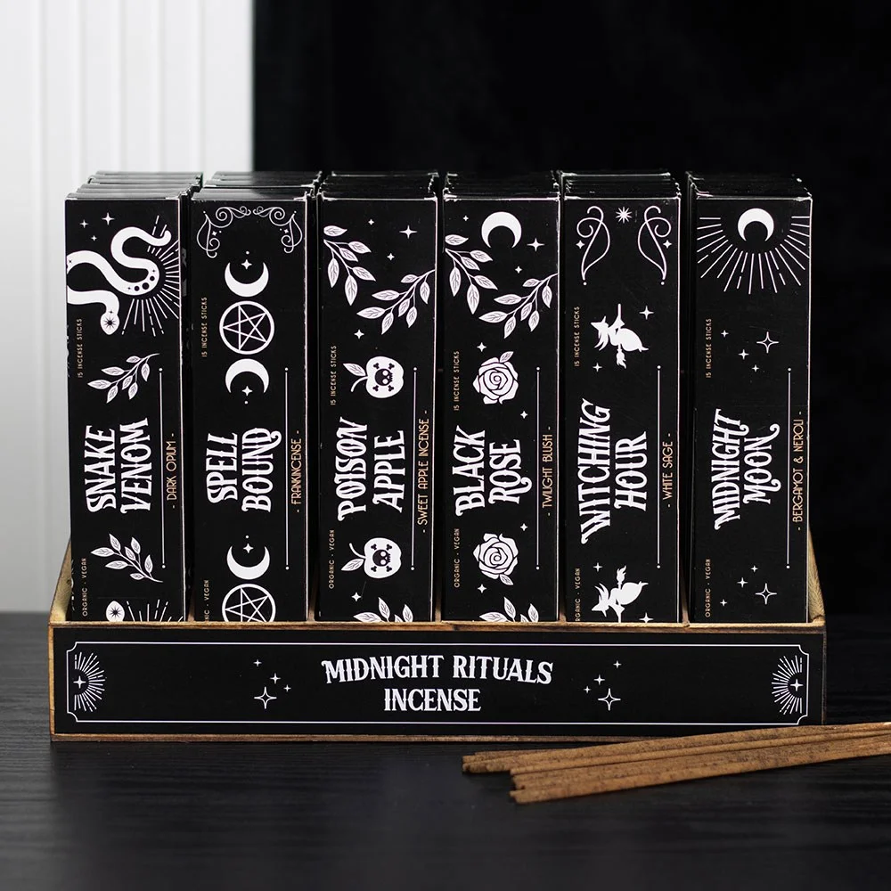 Set of 36 Midnight Rituals incense sticks in a countertop display with six fragrance packs including Poison Apple and Black Rose