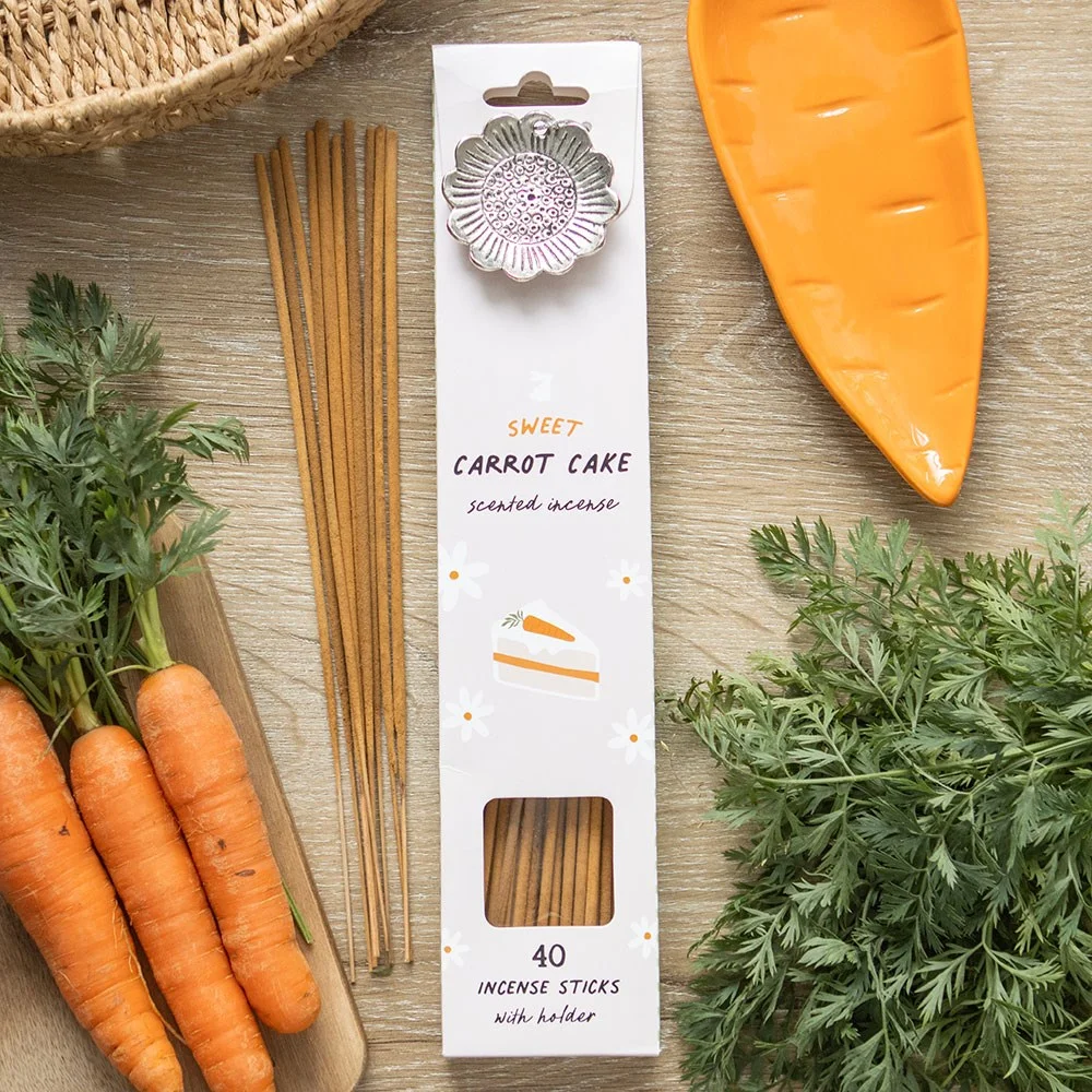 Set of 18 carrot cake incense stick gift sets with daisy holder, each containing 40 sticks in a display box