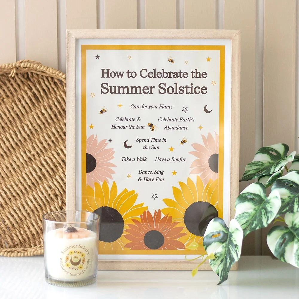 Framed summer solstice wall art print with creative celebration ideas and rustic wooden frame on white background