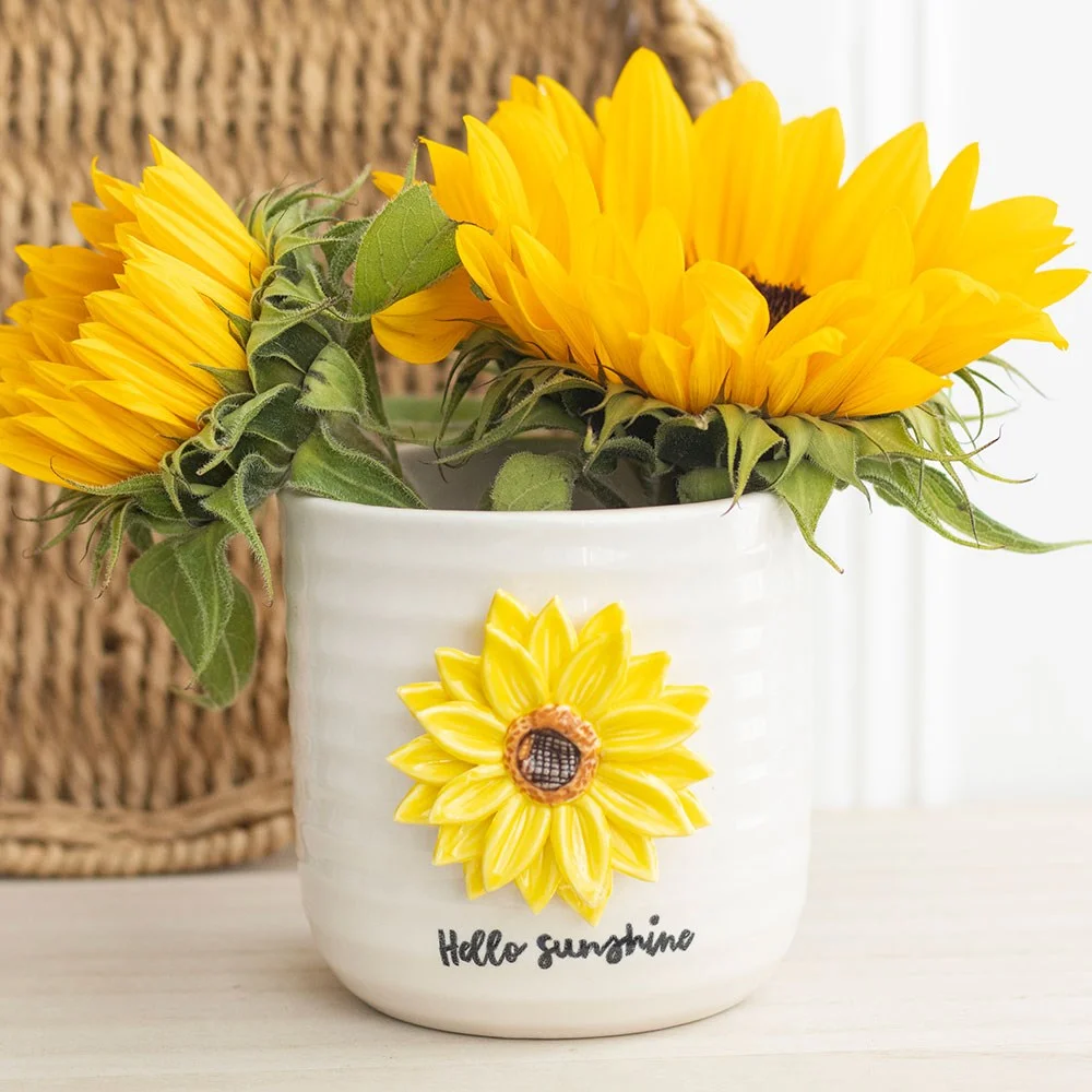 Ceramic plant pot with 3D sunflower design and 'Hello Sunshine' text, ideal for indoor plants or flowers