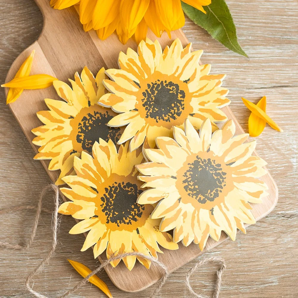 Set of 4 sunflower coaster set made of durable MDF, tied with rustic rope, bright yellow petals and brown centers