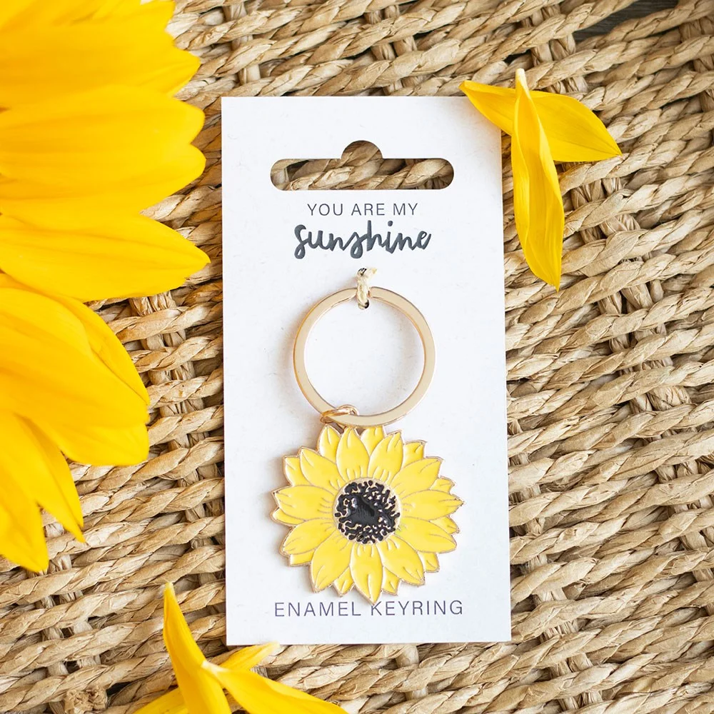 Sunflower keyring with bright yellow petals on a 'You are my sunshine' backing card gift packaging