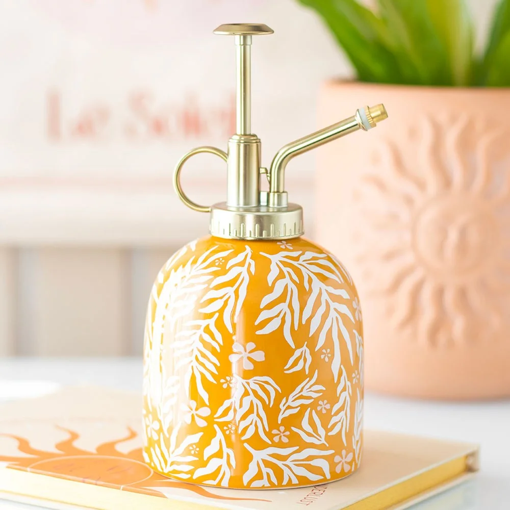 Yellow leaf print ceramic plant mister with gold nozzle and 400ml capacity for indoor gardening hydration