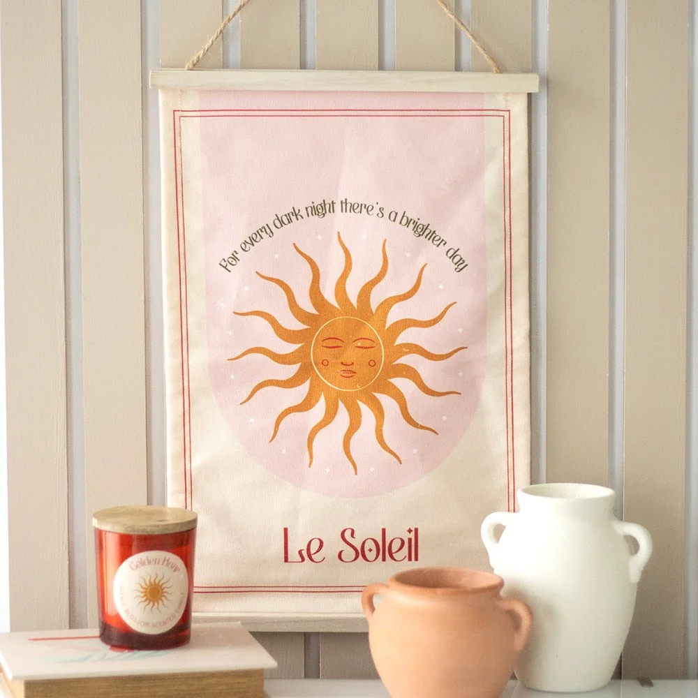 Le Soleil sun wall hanging with fabric and MDF sun design, 45cm tall, featuring inspirational quotes about hope and new beginnings