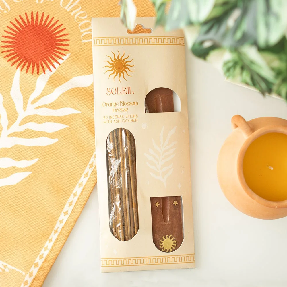 Orange blossom incense sticks with wooden ash catcher in Soleil Orange Blossom Incense Stick Gift Set packaging