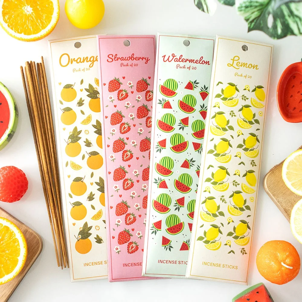 Four packs of tutti frutti incense sticks featuring strawberry, orange, lemon, and watermelon scents on white background