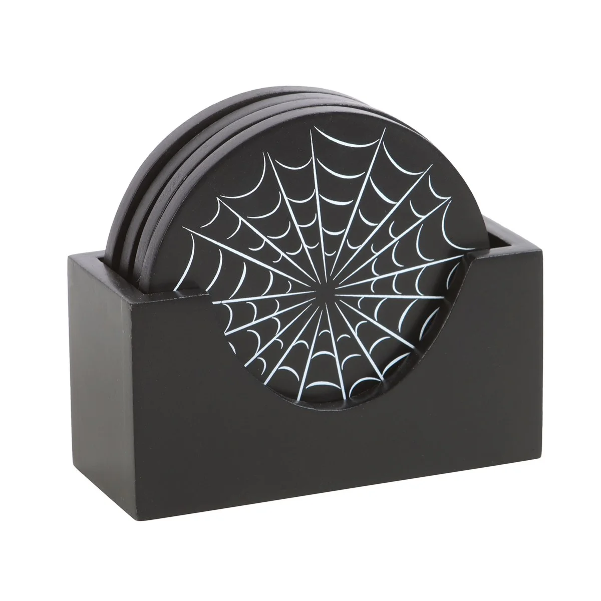 Set of four black spiderweb coasters with a holder, designed to protect furniture and add a gothic touch