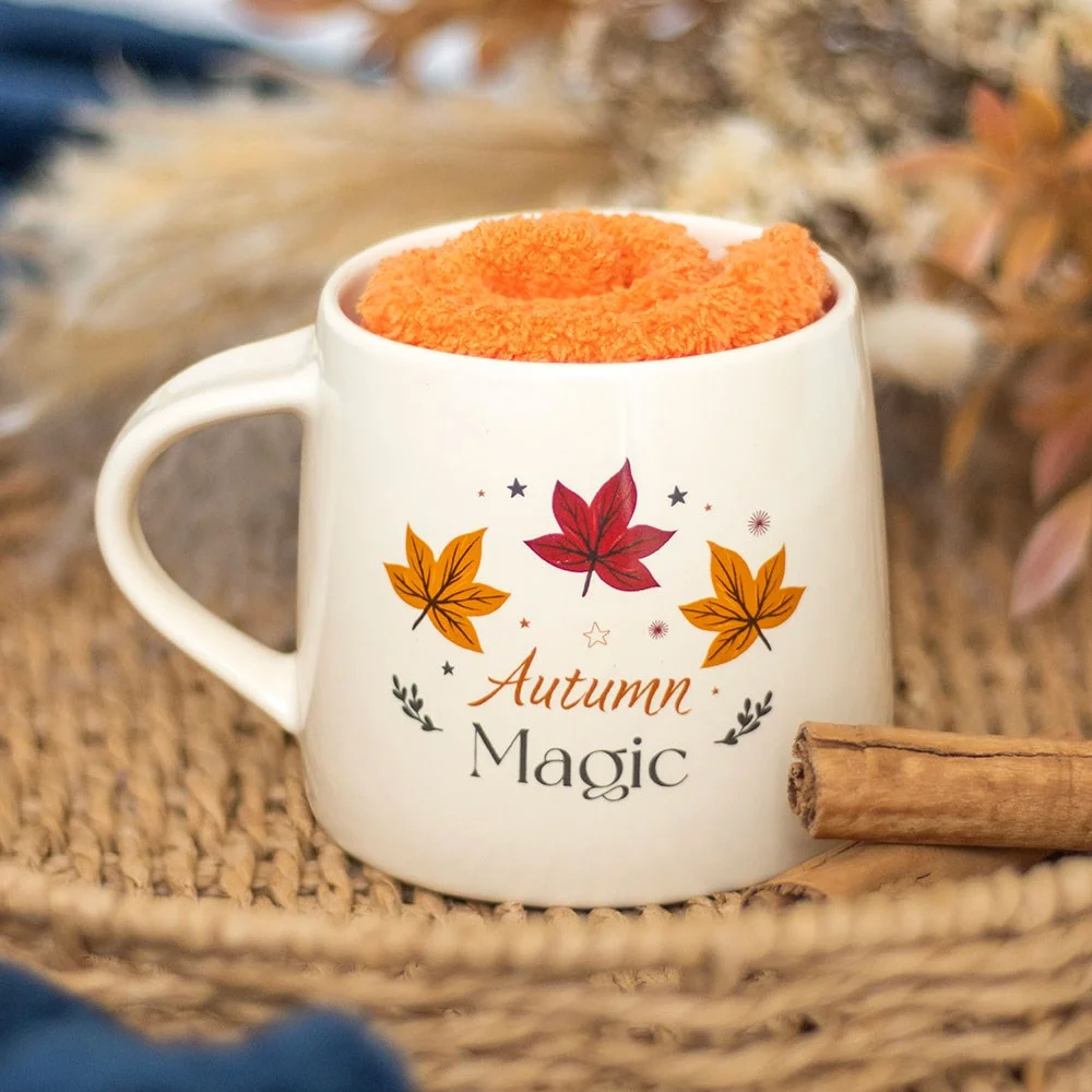 Ceramic autumn mug with harvest moon design next to autumn-themed socks in autumn mug gift set on white background