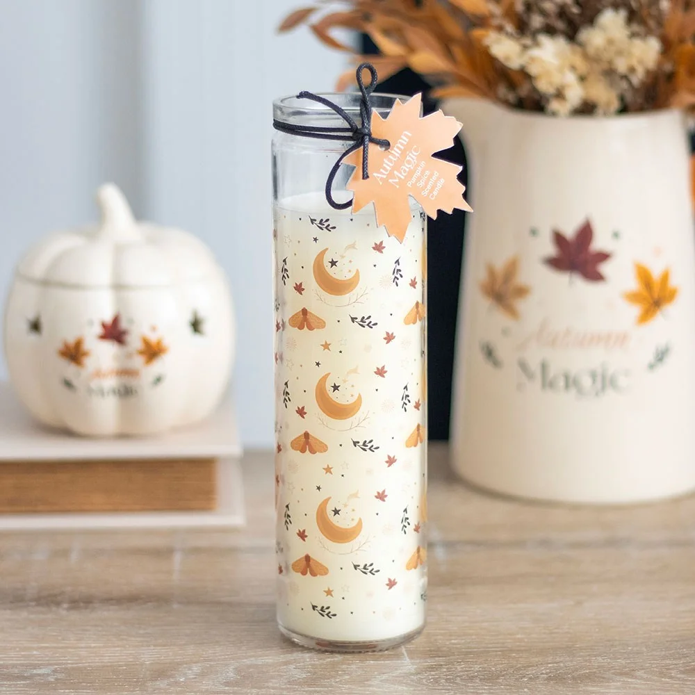 Glass tube pumpkin spice candle with harvest moon design for autumn, approx 50-hour burn time