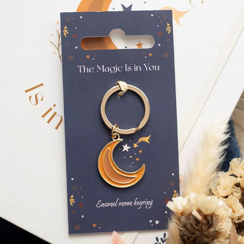 Enamel and metal moon keyring with autumn-themed design on nickel-free stainless steel ring
