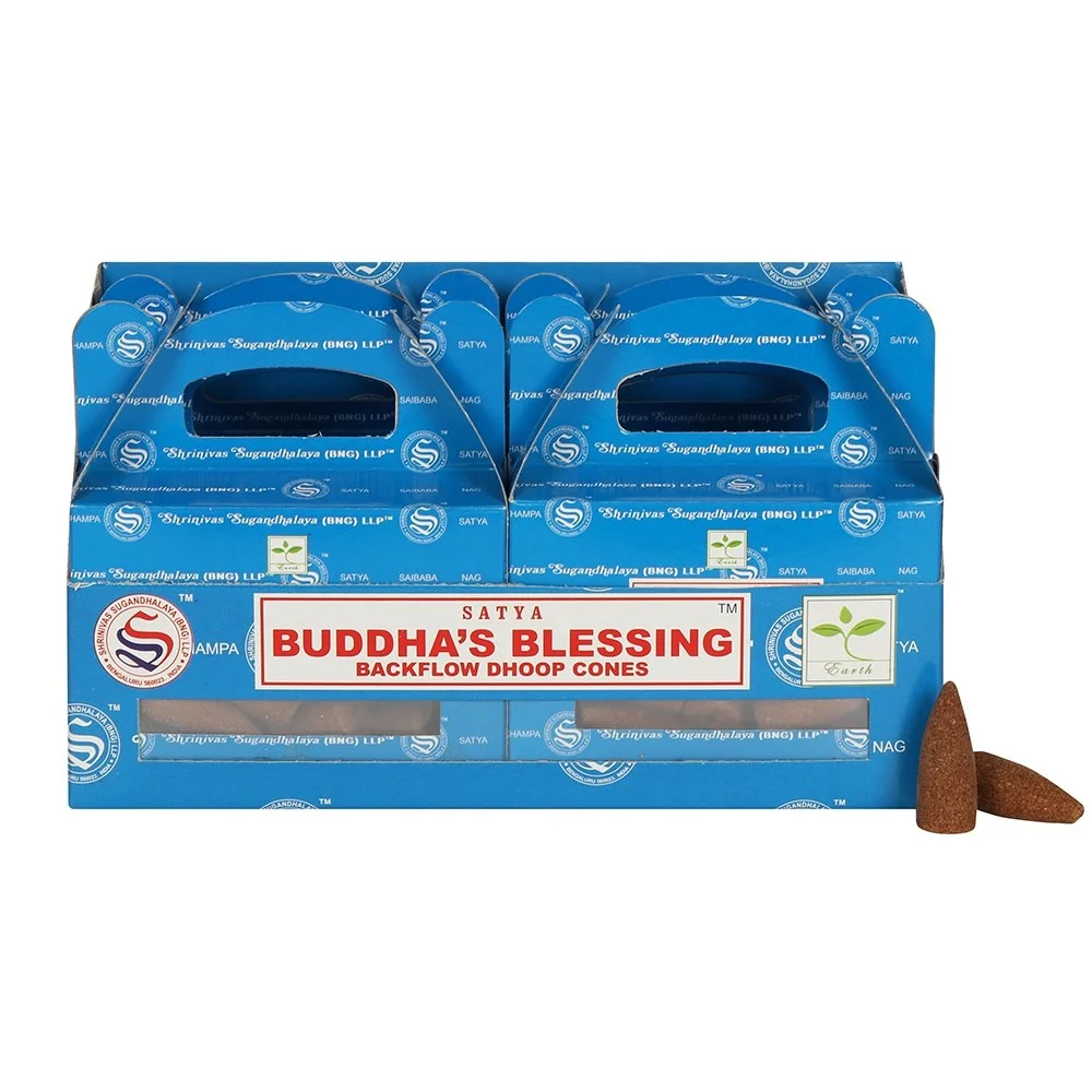 Set of 6 packs of Buddha's Blessing backflow incense cones by Satya in a rectangular display box with colorful packaging