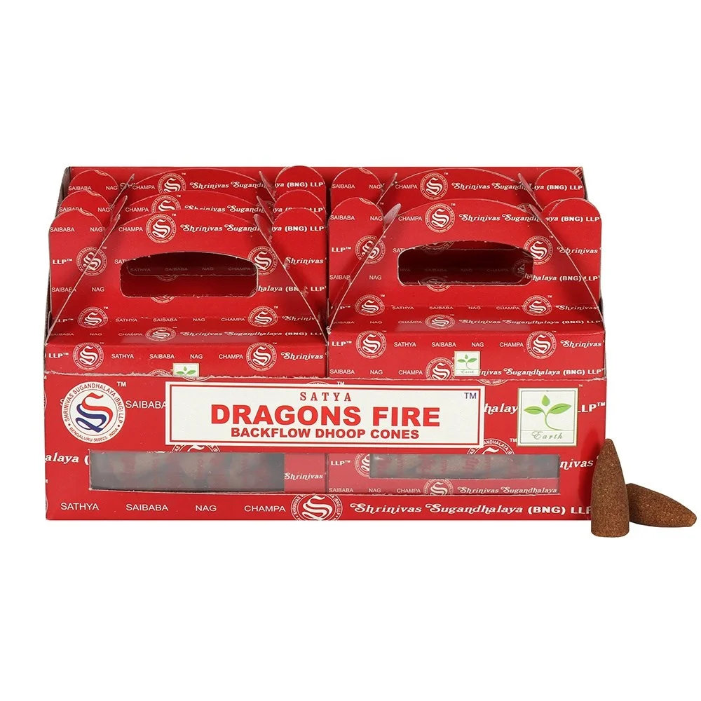 Set of 6 Satya Dragons Fire backflow incense cones in display box with vibrant dragon-themed packaging