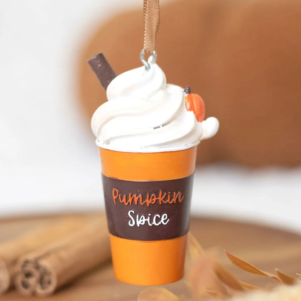 Pumpkin spice latte ornament shaped like a festive coffee cup hanging decoration for autumn or holiday decor