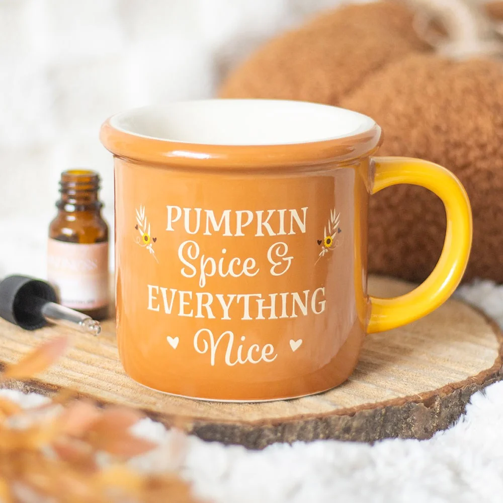 Ceramic pumpkin spice oil burner shaped like a cosy mug with "Pumpkin Spice & Everything Nice" text on front