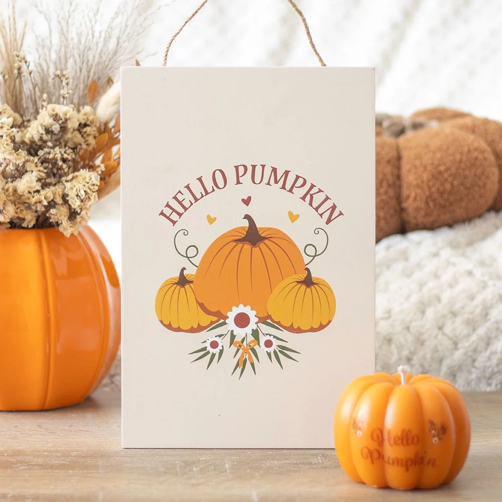 Autumn hanging sign with cosy pumpkin design and "Hello Pumpkin" text on MDF material for seasonal decor