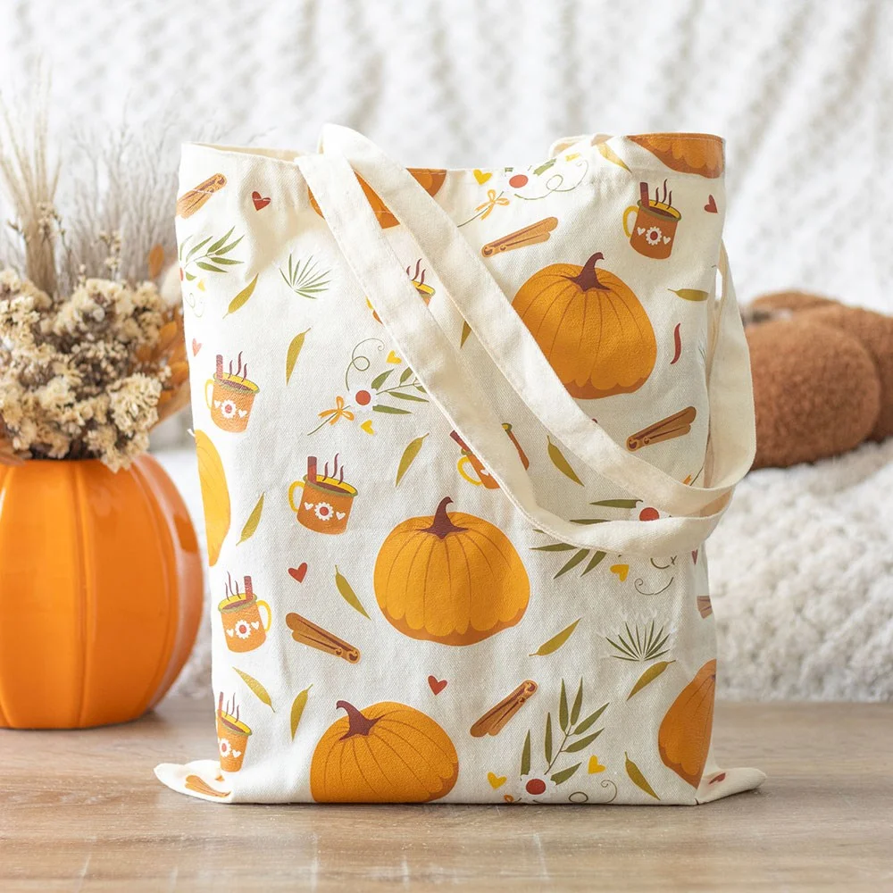 Autumn tote bag with orange pumpkin print on polycotton fabric, perfect for seasonal shopping and outings