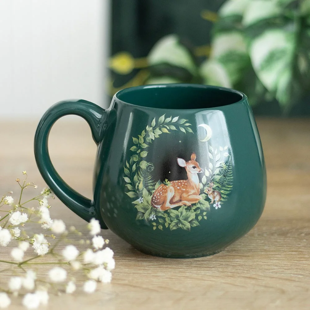 Green woodland ceramic mug with peaceful fawn and bunny resting among forest leaves, 500ml capacity, ceramic material
