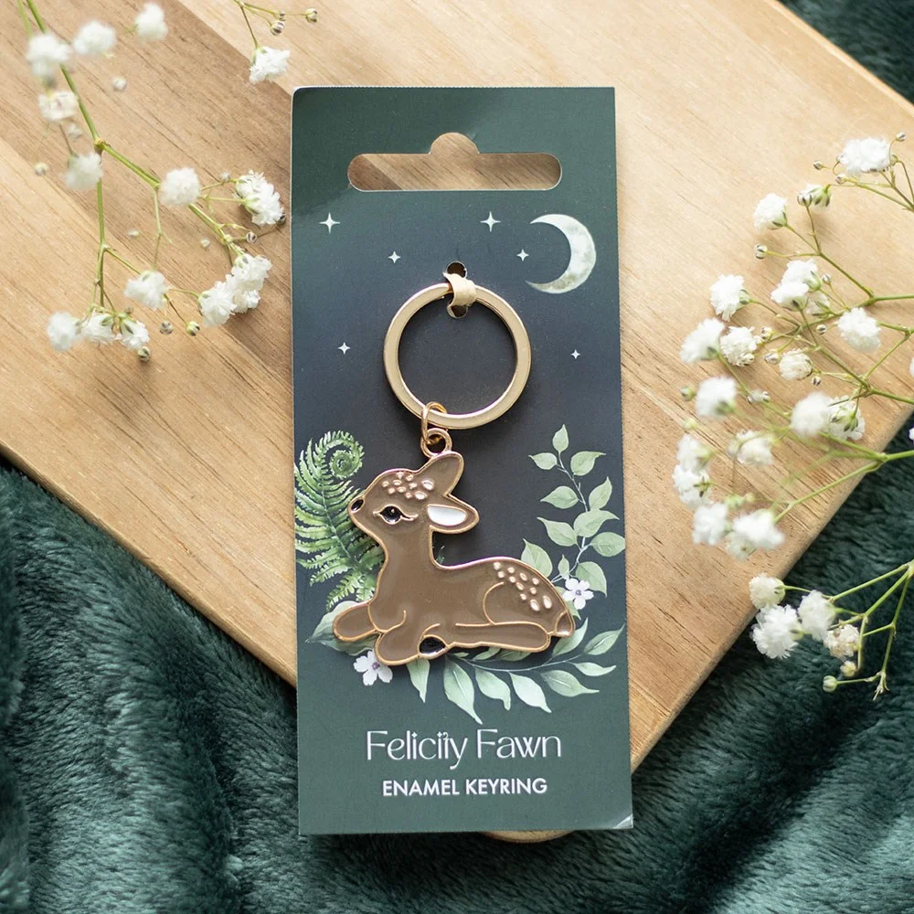 Felicity Fawn enamel keyring featuring a cute baby deer design on a silver keyring accessory