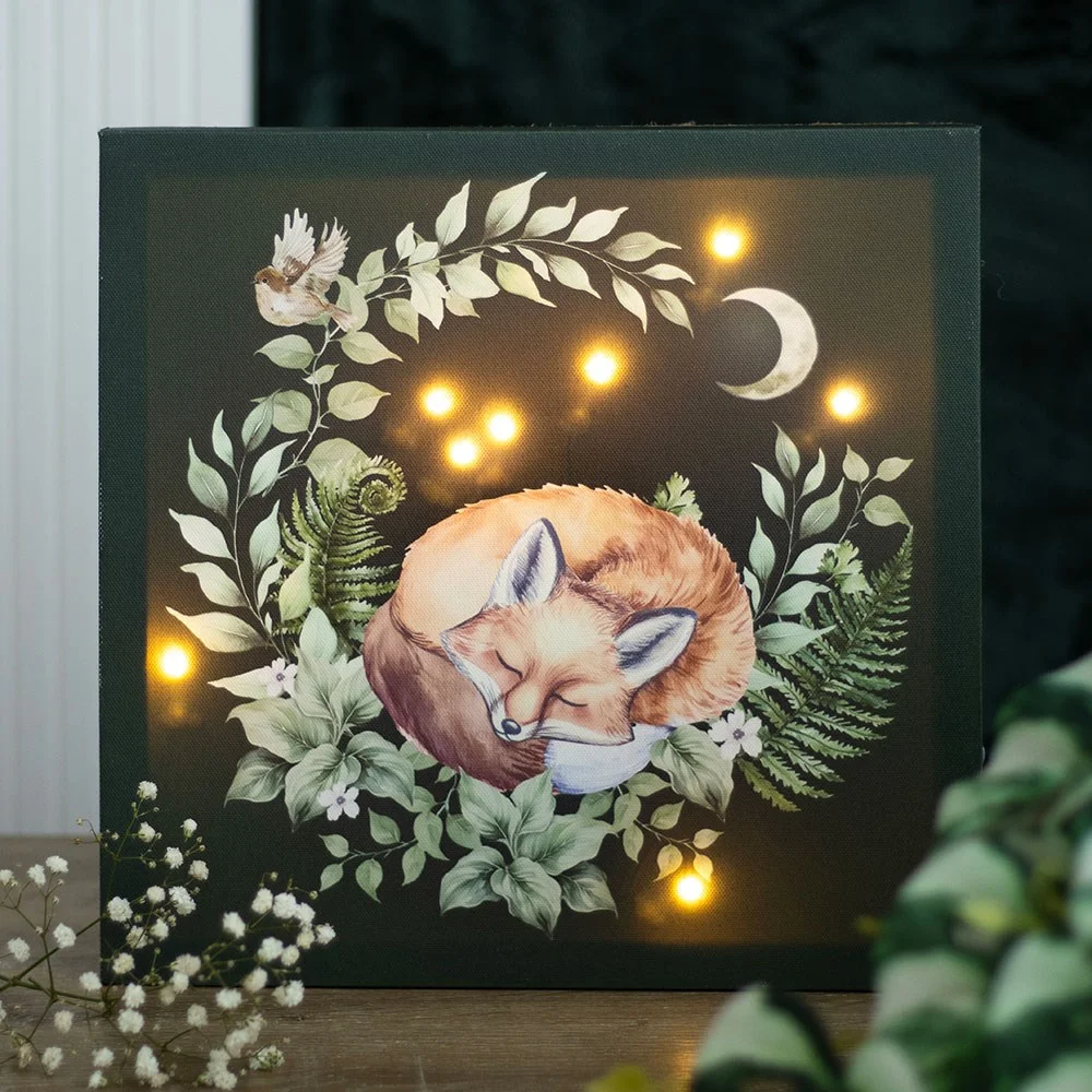 Sleeping fox in forest scene on light up canvas plaque with LED lights, ideal for children's bedrooms and nurseries
