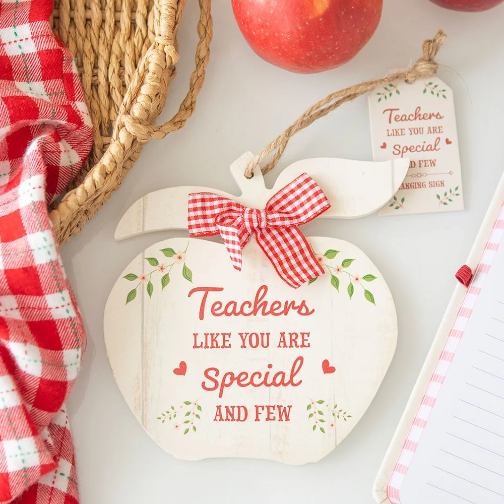 Red apple-shaped teacher apple decoration hanging with message "Teachers like you are special and few" on white background