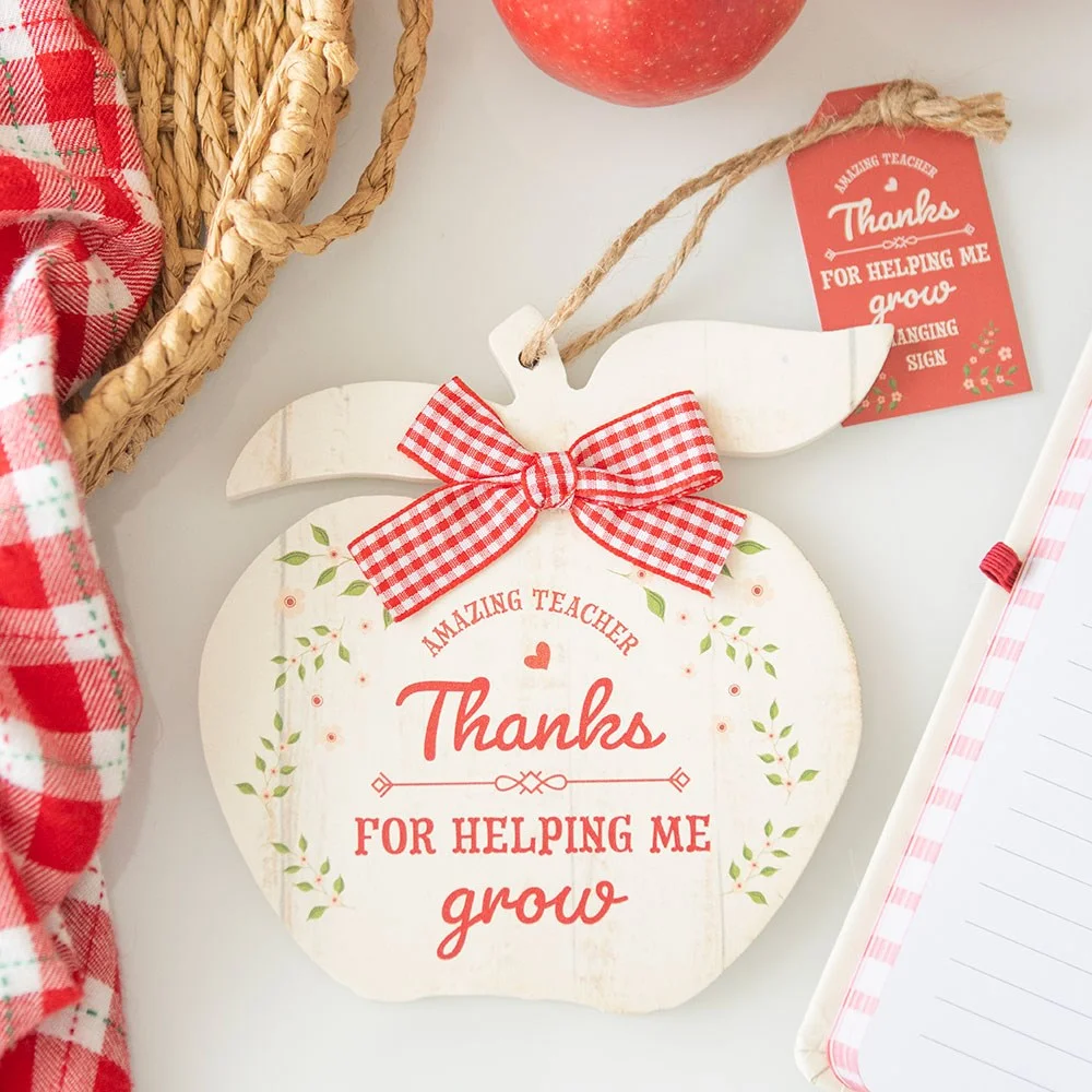 Red apple hanging decoration with "Thanks for Helping Me Grow" message, ideal teacher appreciation gift