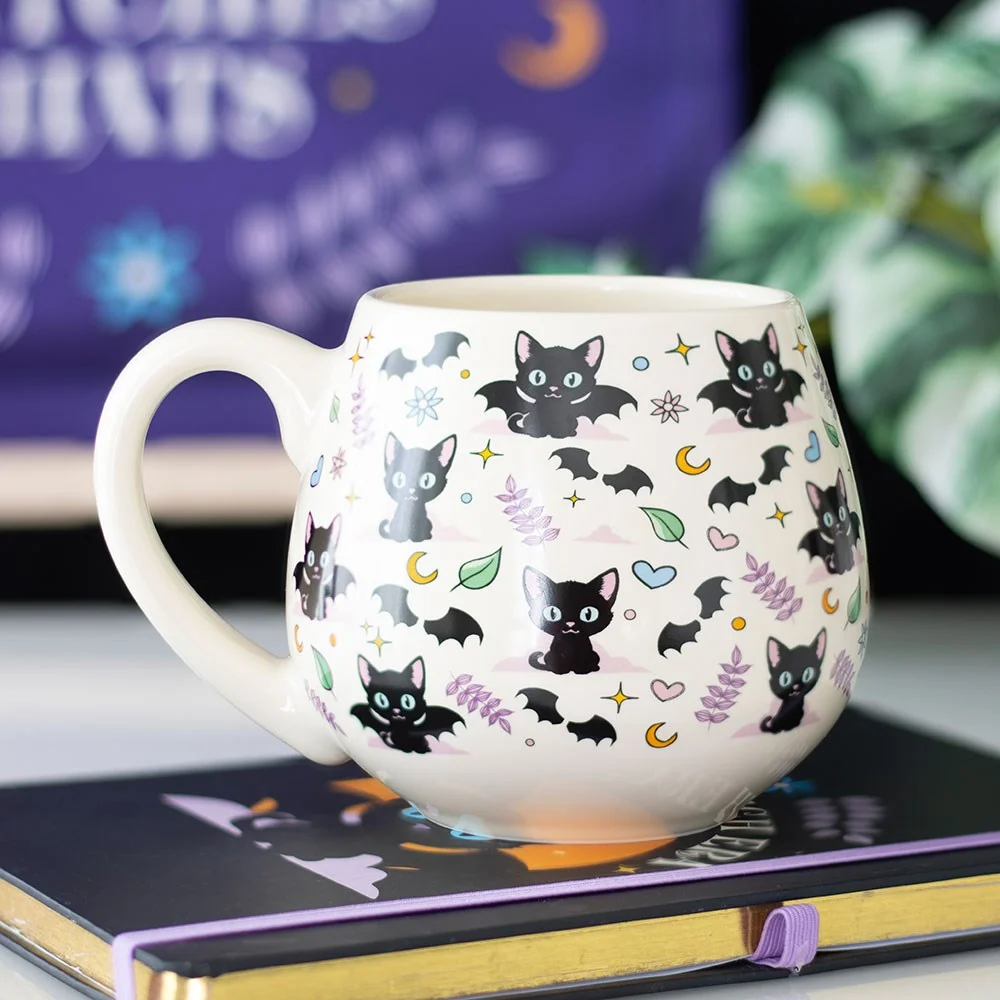 Rounded ceramic cat print mug with black cats, crescent moons, and stars, 500ml, microwave and dishwasher safe