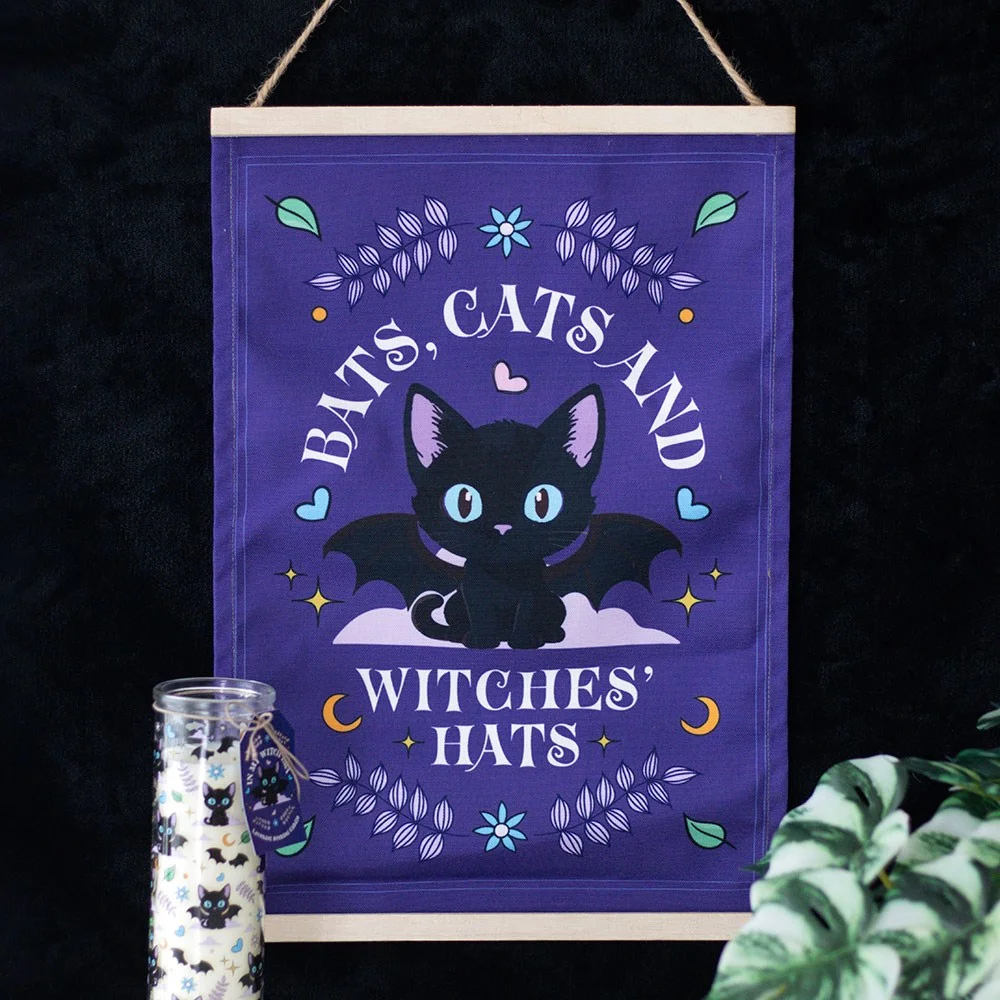 Halloween fabric wall hanging with bats, cats, witches hats, and a black cat featuring the phrase "Bats, Cats and Witches Hats