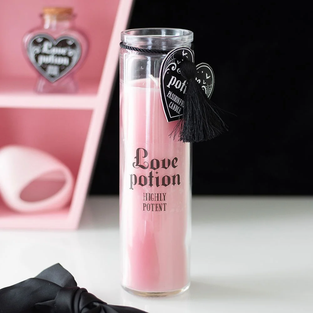 Glass tube love potion passionfruit scented candle with elegant packaging, ideal for gothic candle lovers and gifts