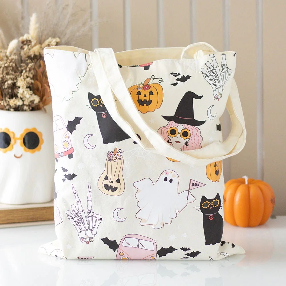 Groovy ghost print Halloween tote bag made of polycotton, lightweight and perfect for daily use or shopping trips