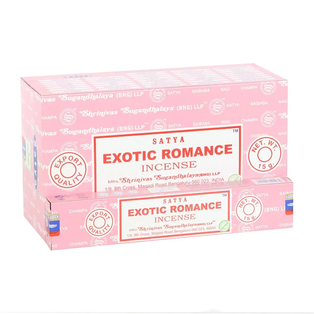 Box of 12 Satya incense sticks packs featuring Exotic Romance scent with floral and musk notes for home fragrance
